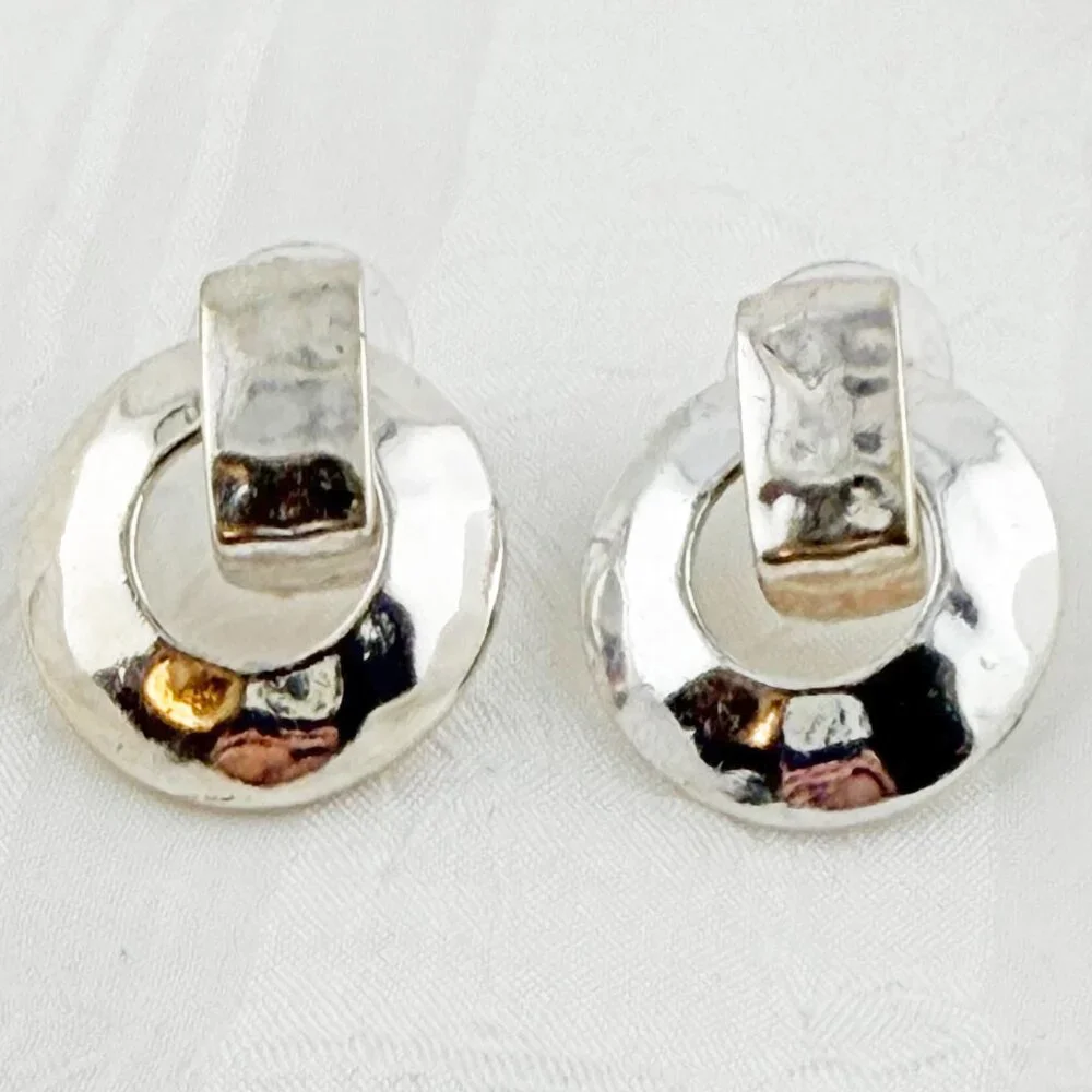 Silver Tone Hammered Door Knocker Post Earrings